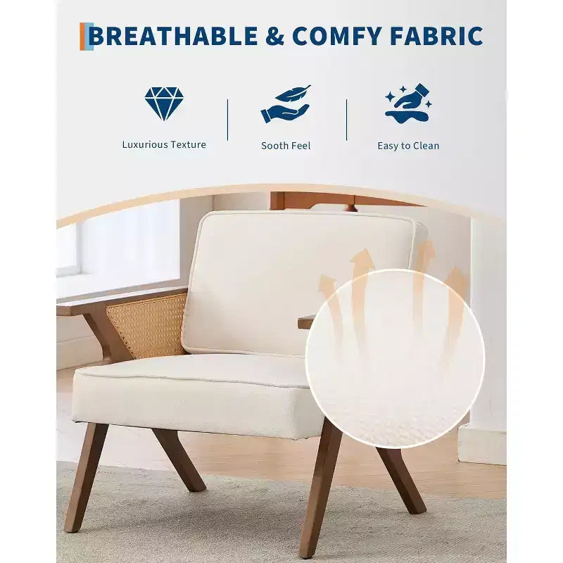 Fauteuil de salon en rotin du milieu du siècle, fauteuil vintage en lin rembourré avec cadre en bois massif pour salon/chambre à coucher, capacité de 130 kg, beige/gris (1 pièce)