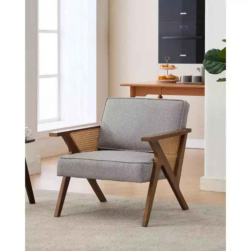Fauteuil de salon en rotin du milieu du siècle, fauteuil vintage en lin rembourré avec cadre en bois massif pour salon/chambre à coucher, capacité de 130 kg, beige/gris (1 pièce)