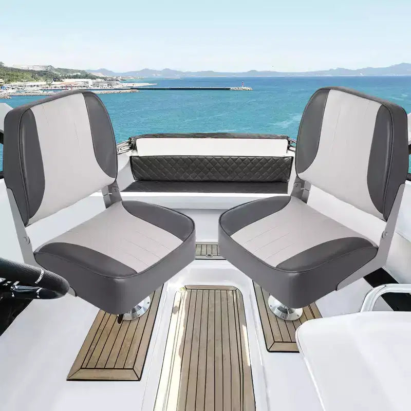Folding Boat Seat Captain Chair - Set of 2 Low Back Fishing Boat Seats with High-Density Sponge Cushions, UV Resistant & Fixing Straps
