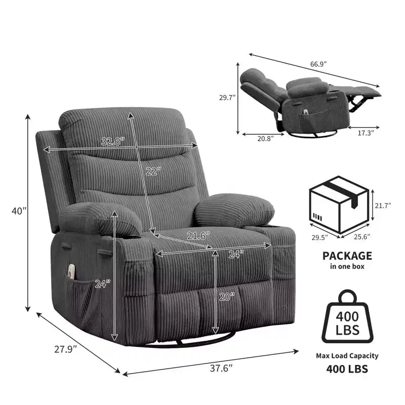 GustoWave Oversized Swivel Rocker Recliner Chair with Massage & Heat - Manual Fabric Lazy Boy Swivel Reclining Chair for Adults