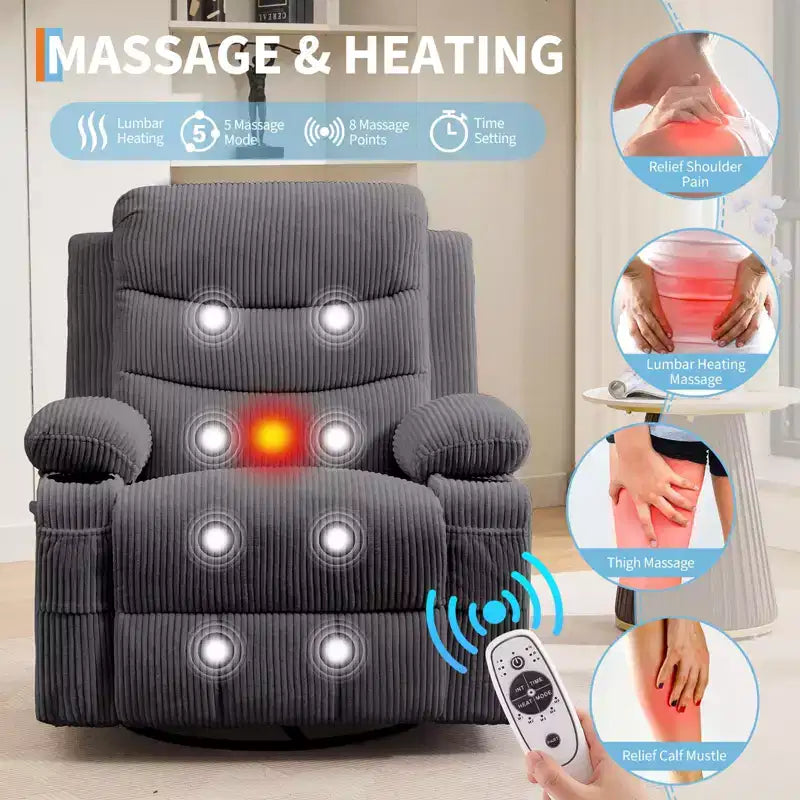 GustoWave Oversized Swivel Rocker Recliner Chair with Massage & Heat - Manual Fabric Lazy Boy Swivel Reclining Chair for Adults
