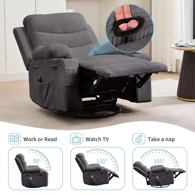 GustoWave Oversized Swivel Rocker Recliner Chair with Massage & Heat - Manual Fabric Lazy Boy Swivel Reclining Chair for Adults