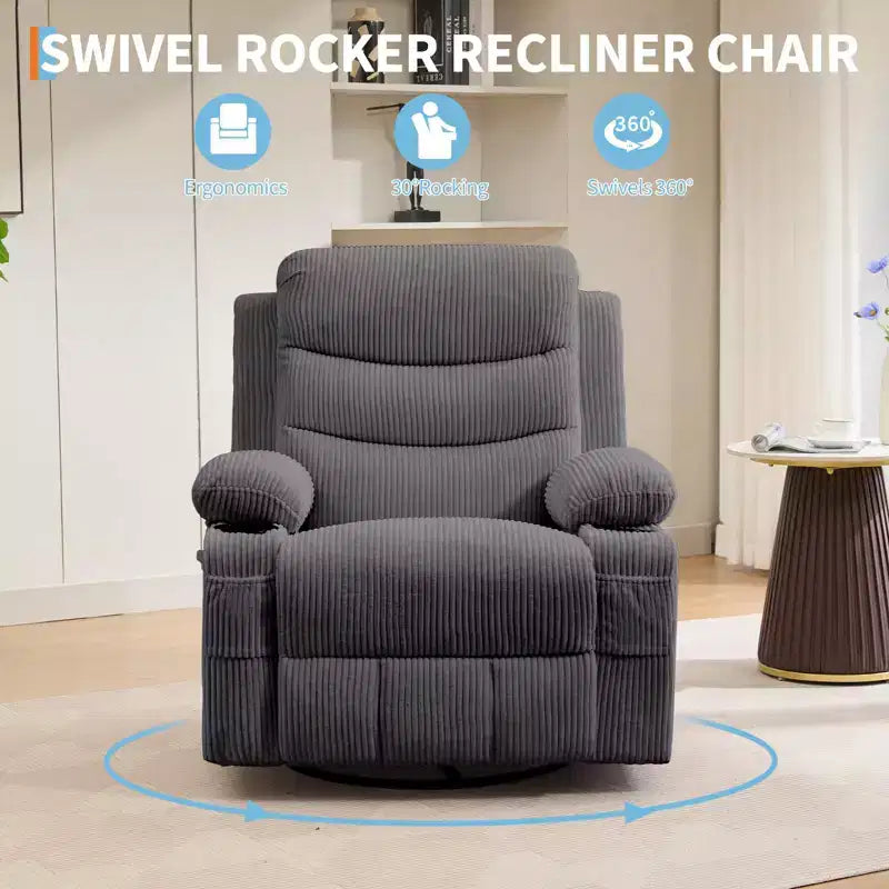 GustoWave Oversized Swivel Rocker Recliner Chair with Massage & Heat - Manual Fabric Lazy Boy Swivel Reclining Chair for Adults