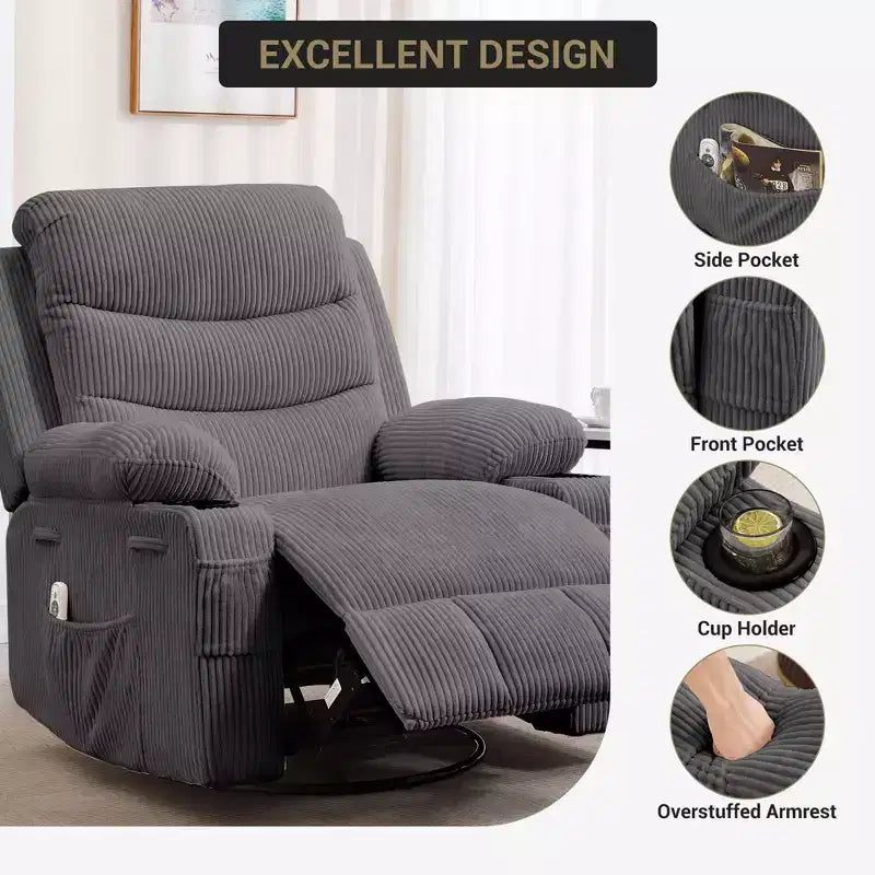 GustoWave Oversized Swivel Rocker Recliner Chair with Massage & Heat - Manual Fabric Lazy Boy Swivel Reclining Chair for Adults