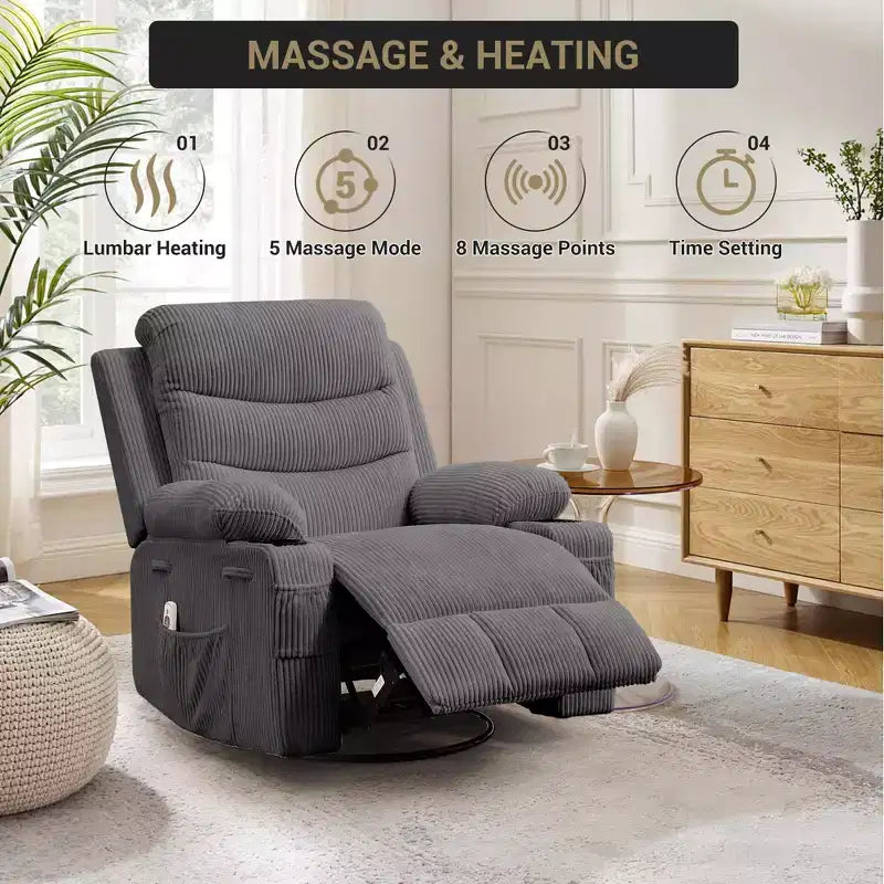 GustoWave Oversized Swivel Rocker Recliner Chair with Massage & Heat - Manual Fabric Lazy Boy Swivel Reclining Chair for Adults