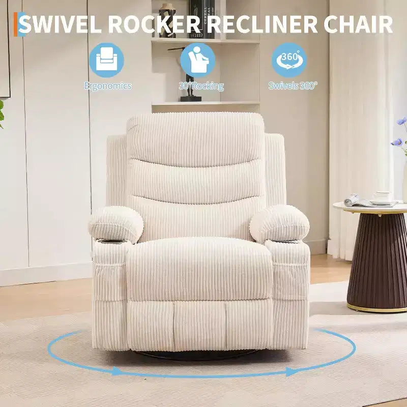 GustoWave Oversized Swivel Rocker Recliner Chair with Massage & Heat - Manual Fabric Lazy Boy Swivel Reclining Chair for Adults