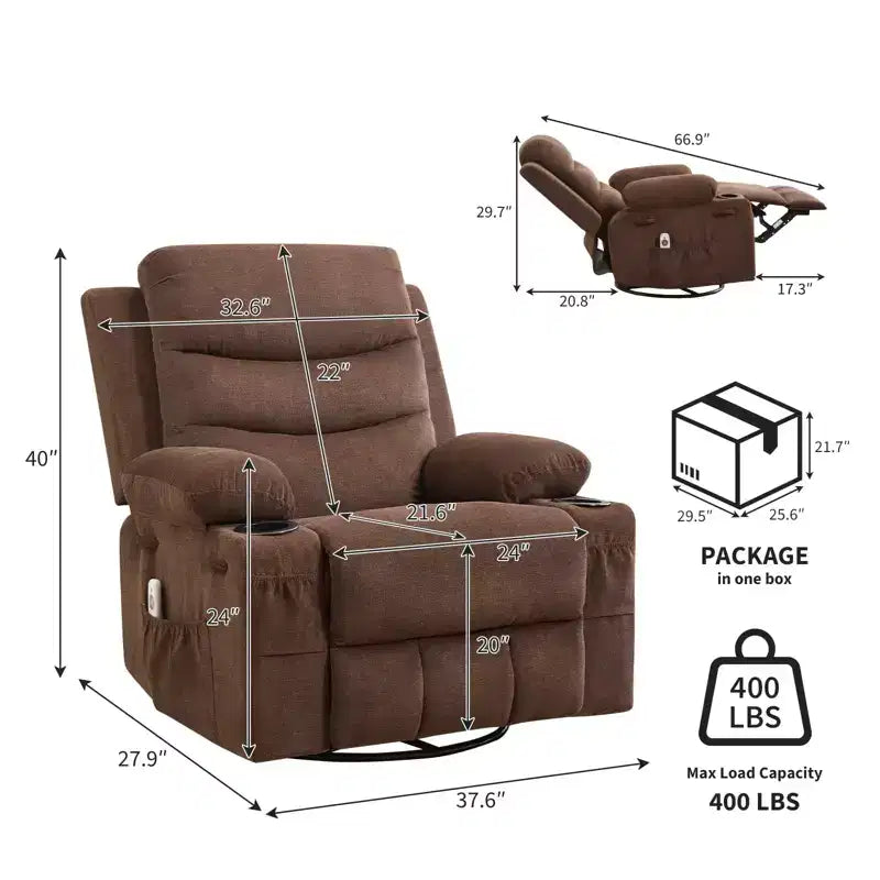 GustoWave Oversized Swivel Rocker Recliner Chair with Massage & Heat - Manual Fabric Lazy Boy Swivel Reclining Chair for Adults