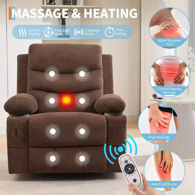 GustoWave Oversized Swivel Rocker Recliner Chair with Massage & Heat - Manual Fabric Lazy Boy Swivel Reclining Chair for Adults