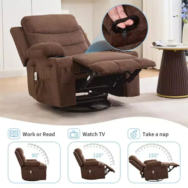 GustoWave Oversized Swivel Rocker Recliner Chair with Massage & Heat - Manual Fabric Lazy Boy Swivel Reclining Chair for Adults