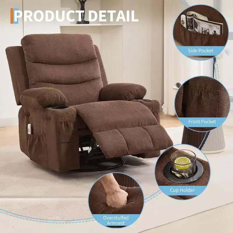 GustoWave Oversized Swivel Rocker Recliner Chair with Massage & Heat - Manual Fabric Lazy Boy Swivel Reclining Chair for Adults