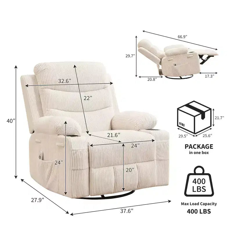 GustoWave Oversized Swivel Rocker Recliner Chair with Massage & Heat - Manual Fabric Lazy Boy Swivel Reclining Chair for Adults