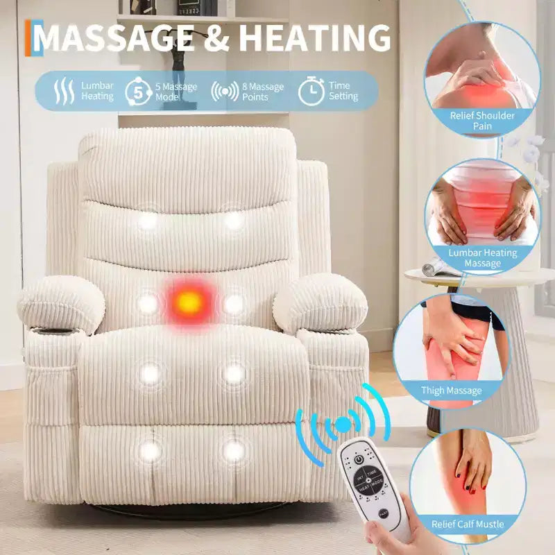 GustoWave Oversized Swivel Rocker Recliner Chair with Massage & Heat - Manual Fabric Lazy Boy Swivel Reclining Chair for Adults