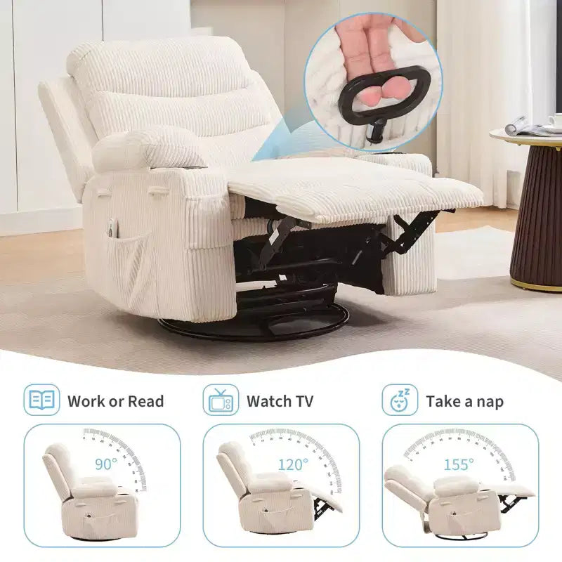 GustoWave Oversized Swivel Rocker Recliner Chair with Massage & Heat - Manual Fabric Lazy Boy Swivel Reclining Chair for Adults