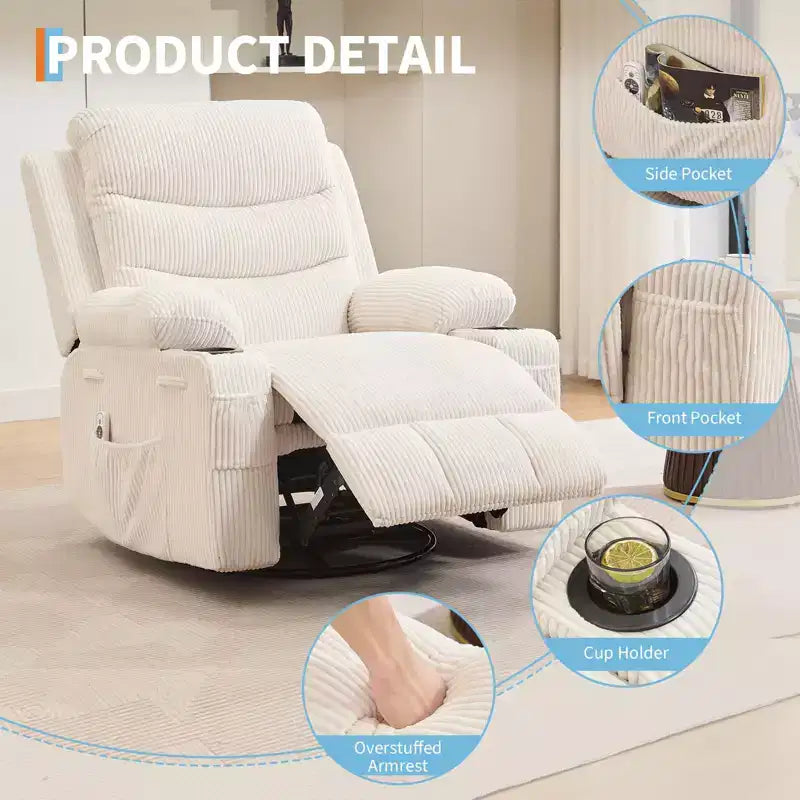 GustoWave Oversized Swivel Rocker Recliner Chair with Massage & Heat - Manual Fabric Lazy Boy Swivel Reclining Chair for Adults