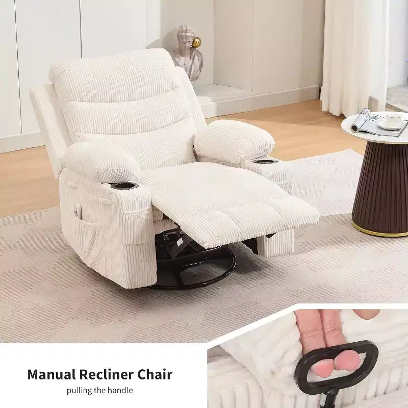 GustoWave Oversized Swivel Rocker Recliner Chair with Massage & Heat - Manual Fabric Lazy Boy Swivel Reclining Chair for Adults