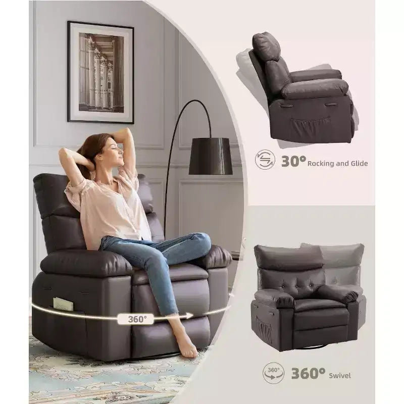 Fauteuils inclinables surdimensionnés GustoWave avec chauffage et massage - Fauteuil inclinable paresseux pivotant à 360° pour adultes - Fauteuil à bascule manuel