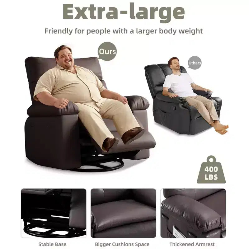 Fauteuils inclinables surdimensionnés GustoWave avec chauffage et massage - Fauteuil inclinable paresseux pivotant à 360° pour adultes - Fauteuil à bascule manuel