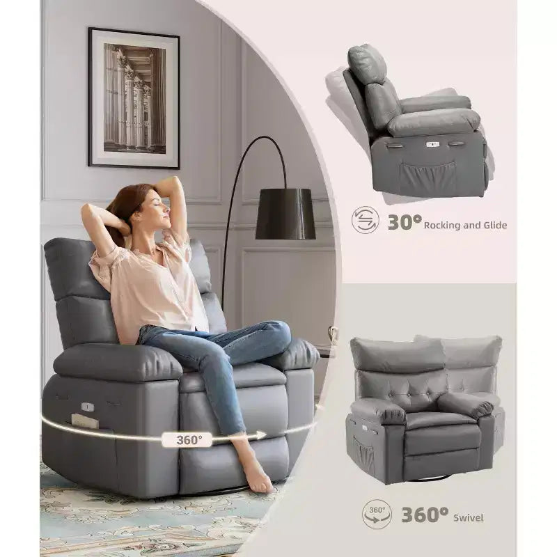 Fauteuils inclinables surdimensionnés GustoWave avec chauffage et massage - Fauteuil inclinable paresseux pivotant à 360° pour adultes - Fauteuil à bascule manuel
