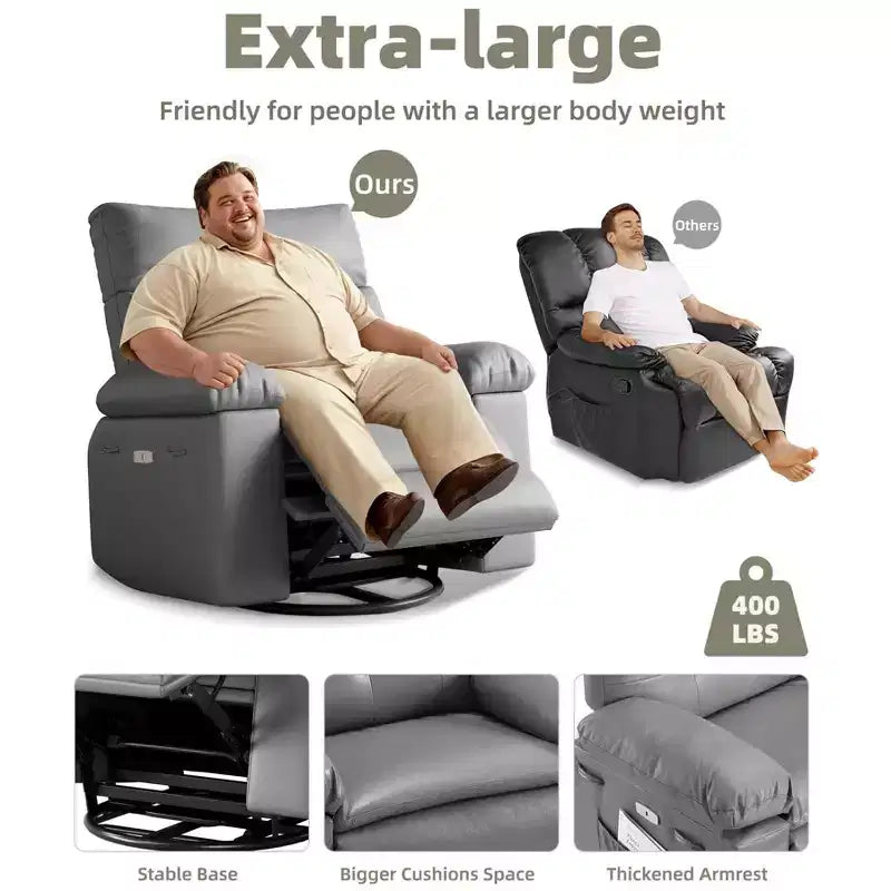 Fauteuils inclinables surdimensionnés GustoWave avec chauffage et massage - Fauteuil inclinable paresseux pivotant à 360° pour adultes - Fauteuil à bascule manuel