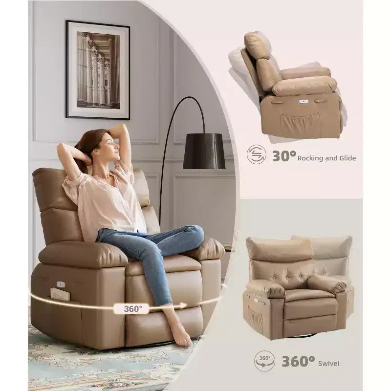 Fauteuils inclinables surdimensionnés GustoWave avec chauffage et massage - Fauteuil inclinable paresseux pivotant à 360° pour adultes - Fauteuil à bascule manuel