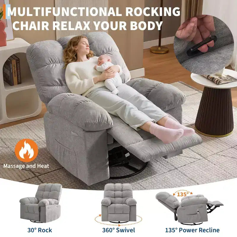GustoWave Oversized Swivel Rocker Recliner with Massage & Heat, Rocking Recliner Chair with Side Pocket for Adult, 21.4'' Seat Width