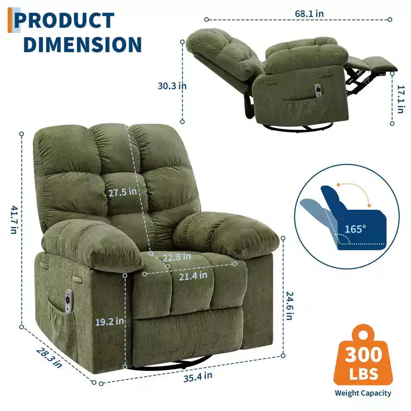 GustoWave Oversized Swivel Rocker Recliner with Massage & Heat, Rocking Recliner Chair with Side Pocket for Adult, 21.4'' Seat Width