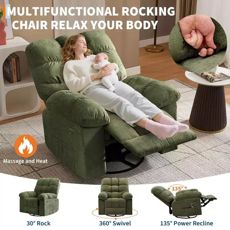 GustoWave Oversized Swivel Rocker Recliner with Massage & Heat, Rocking Recliner Chair with Side Pocket for Adult, 21.4'' Seat Width
