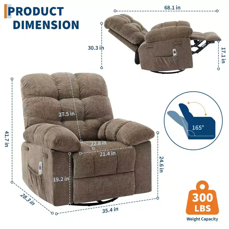 GustoWave Oversized Swivel Rocker Recliner with Massage & Heat, Rocking Recliner Chair with Side Pocket for Adult, 21.4'' Seat Width