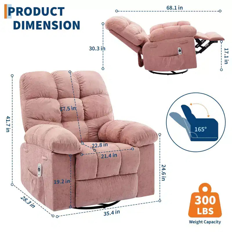 GustoWave Oversized Swivel Rocker Recliner with Massage & Heat, Rocking Recliner Chair with Side Pocket for Adult, 21.4'' Seat Width