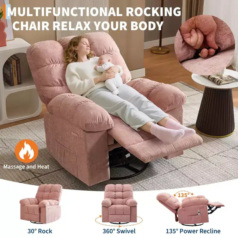 GustoWave Oversized Swivel Rocker Recliner with Massage & Heat, Rocking Recliner Chair with Side Pocket for Adult, 21.4'' Seat Width