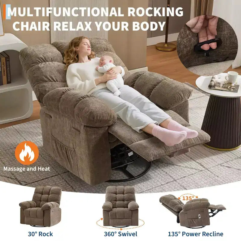 GustoWave Oversized Swivel Rocker Recliner with Massage & Heat, Rocking Recliner Chair with Side Pocket for Adult, 21.4'' Seat Width