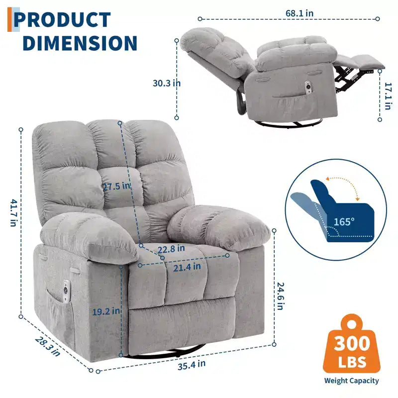 GustoWave Oversized Swivel Rocker Recliner with Massage & Heat, Rocking Recliner Chair with Side Pocket for Adult, 21.4'' Seat Width