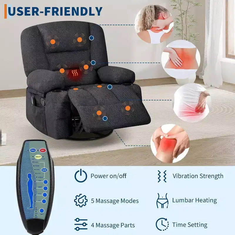 Oversized Swivel Rocker Recliner with Soothing Massage & Lumbar Warmth, Manual Reclining Chair with Cup Holders, Chenille/PU Fabric