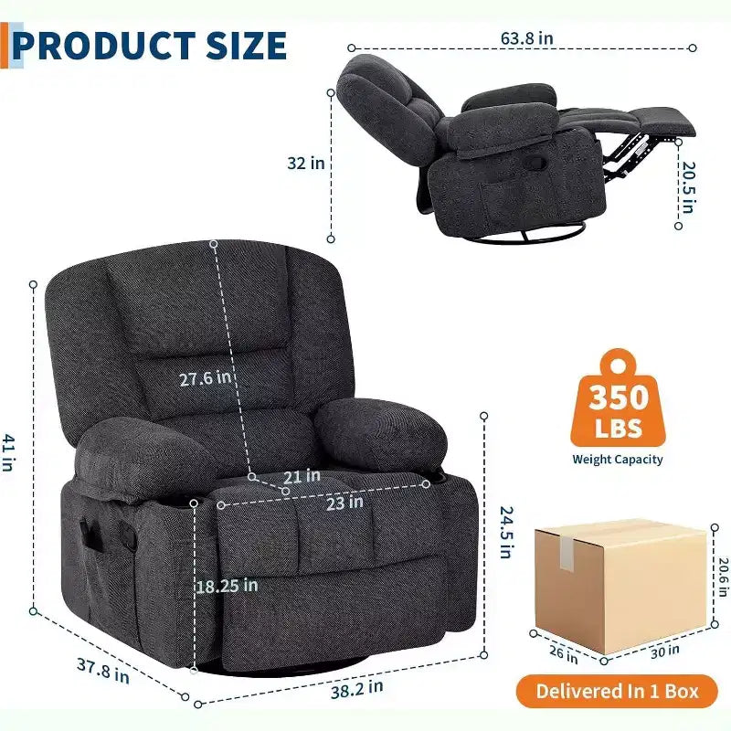 Oversized Swivel Rocker Recliner with Soothing Massage & Lumbar Warmth, Manual Reclining Chair with Cup Holders, Chenille/PU Fabric