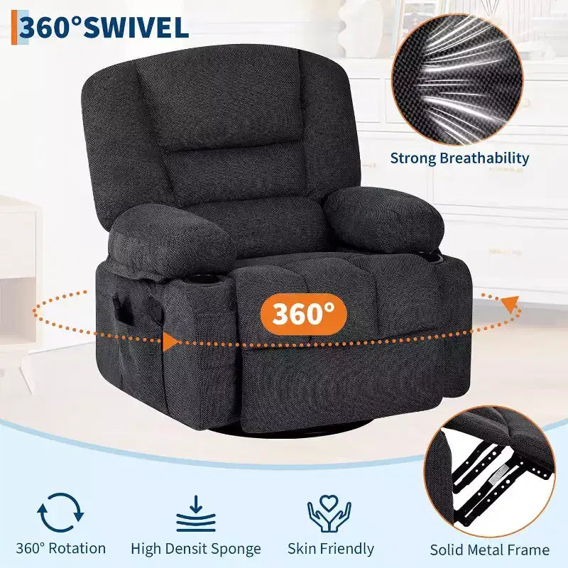 Oversized Swivel Rocker Recliner with Soothing Massage & Lumbar Warmth, Manual Reclining Chair with Cup Holders, Chenille/PU Fabric