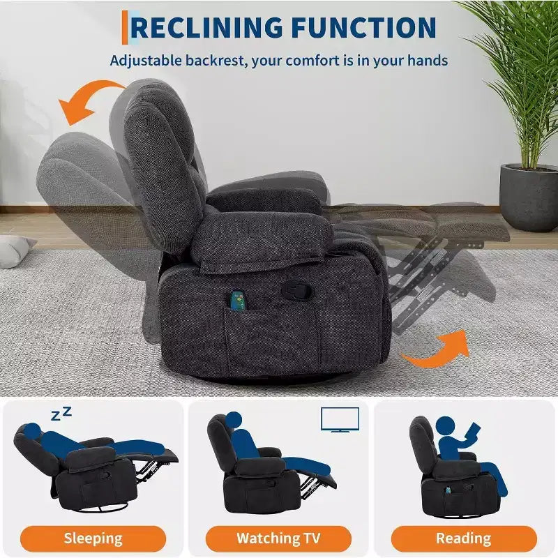 Oversized Swivel Rocker Recliner with Soothing Massage & Lumbar Warmth, Manual Reclining Chair with Cup Holders, Chenille/PU Fabric
