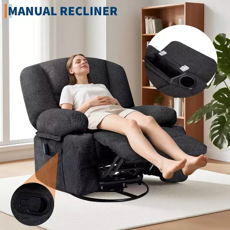 Oversized Swivel Rocker Recliner with Soothing Massage & Lumbar Warmth, Manual Reclining Chair with Cup Holders, Chenille/PU Fabric