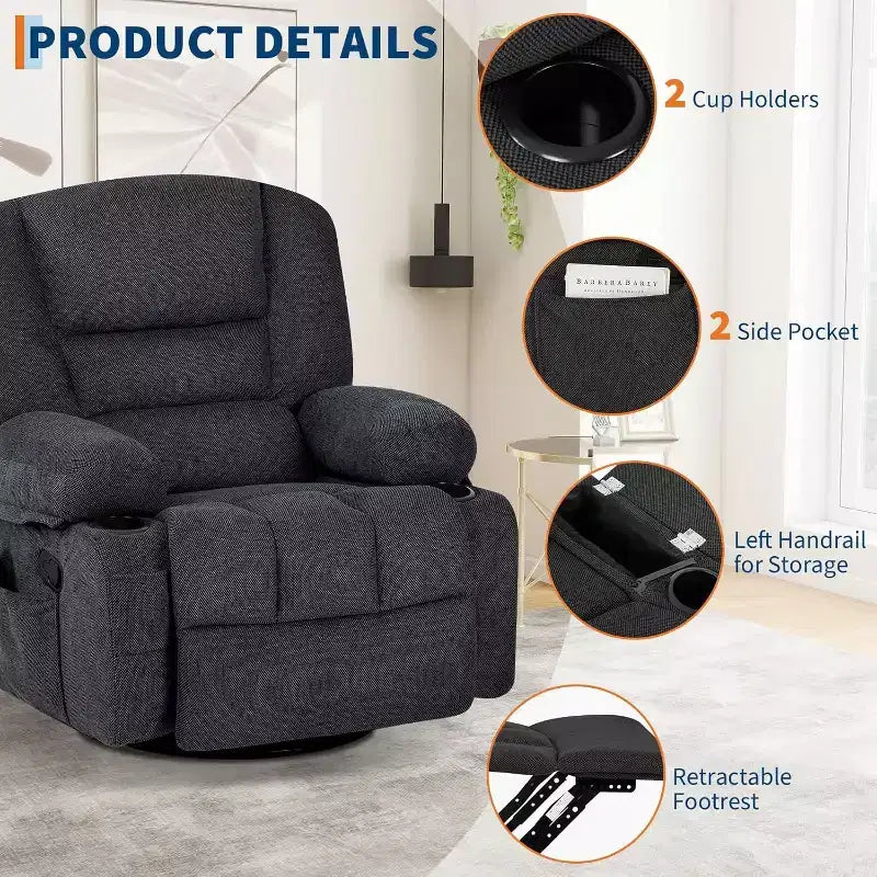 Oversized Swivel Rocker Recliner with Soothing Massage & Lumbar Warmth, Manual Reclining Chair with Cup Holders, Chenille/PU Fabric