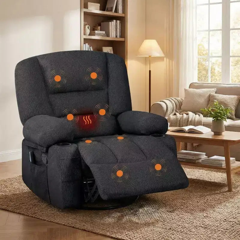 Oversized Swivel Rocker Recliner with Soothing Massage & Lumbar Warmth, Manual Reclining Chair with Cup Holders, Chenille/PU Fabric