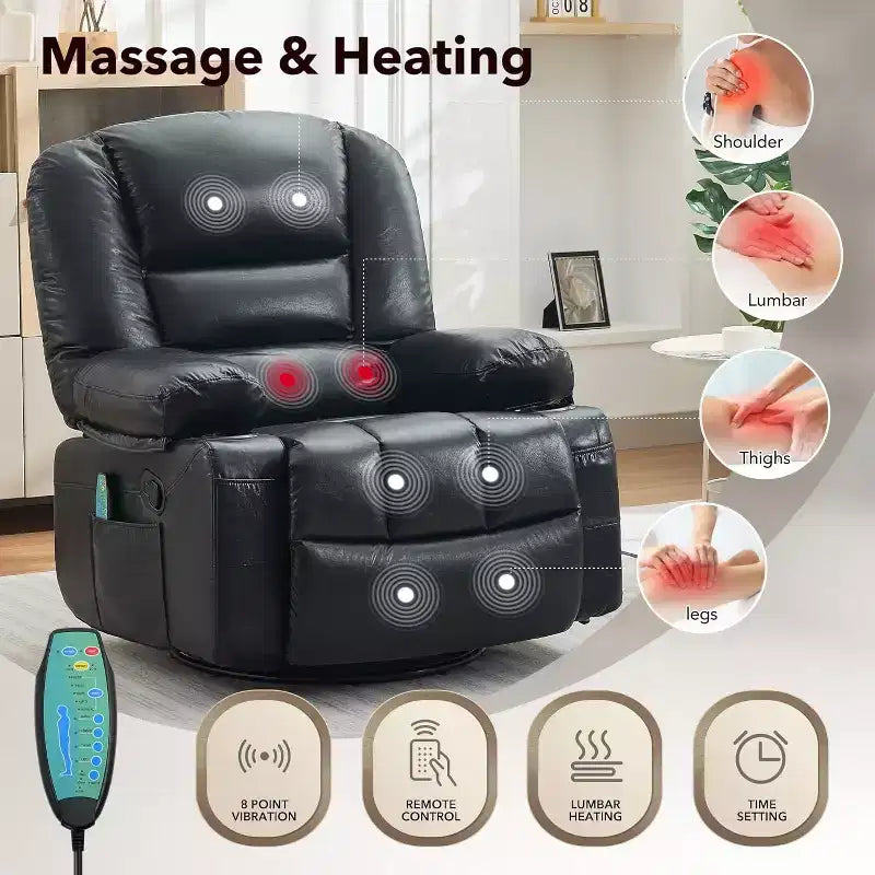 Oversized Swivel Rocker Recliner with Soothing Massage & Lumbar Warmth, Manual Reclining Chair with Cup Holders, Chenille/PU Fabric