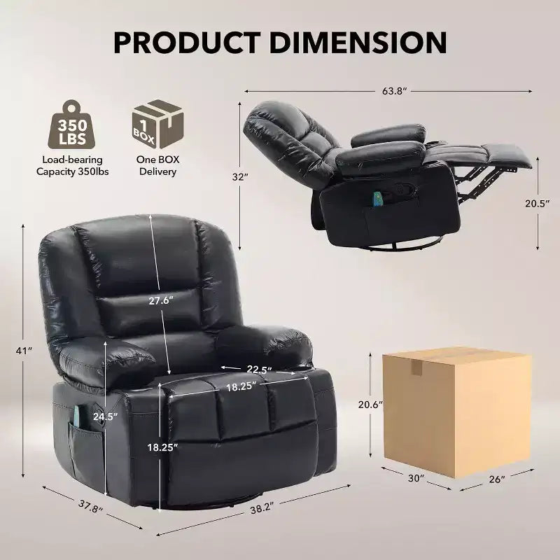 Oversized Swivel Rocker Recliner with Soothing Massage & Lumbar Warmth, Manual Reclining Chair with Cup Holders, Chenille/PU Fabric