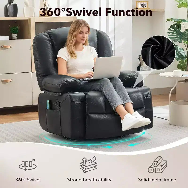 Oversized Swivel Rocker Recliner with Soothing Massage & Lumbar Warmth, Manual Reclining Chair with Cup Holders, Chenille/PU Fabric
