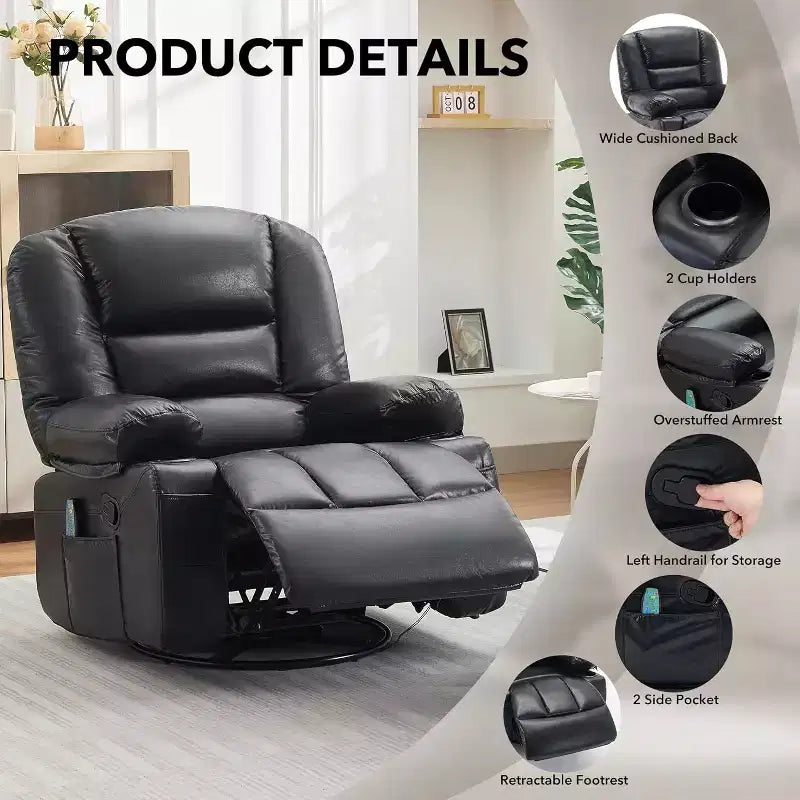 Oversized Swivel Rocker Recliner with Soothing Massage & Lumbar Warmth, Manual Reclining Chair with Cup Holders, Chenille/PU Fabric