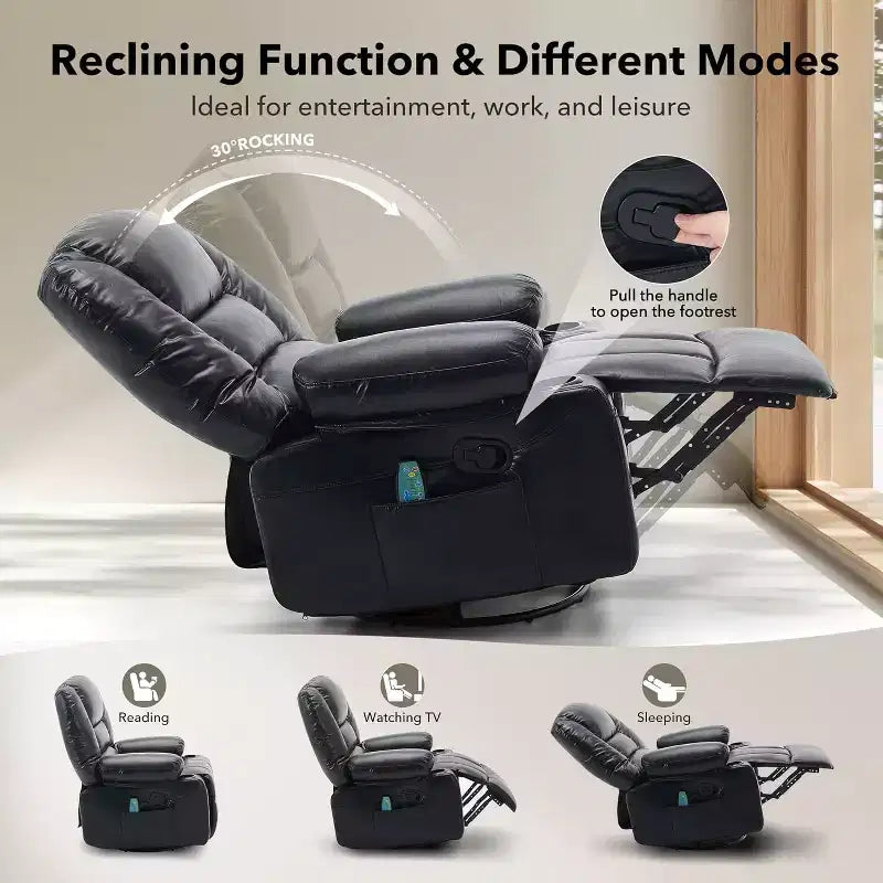Oversized Swivel Rocker Recliner with Soothing Massage & Lumbar Warmth, Manual Reclining Chair with Cup Holders, Chenille/PU Fabric