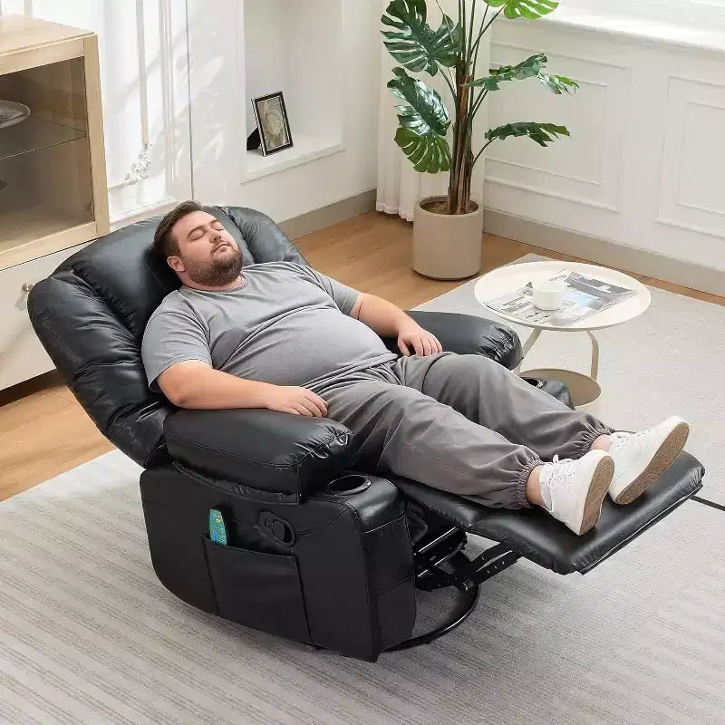 Oversized Swivel Rocker Recliner with Soothing Massage & Lumbar Warmth, Manual Reclining Chair with Cup Holders, Chenille/PU Fabric