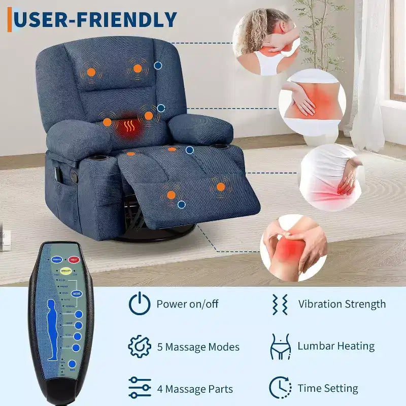 Oversized Swivel Rocker Recliner with Soothing Massage & Lumbar Warmth, Manual Reclining Chair with Cup Holders, Chenille/PU Fabric