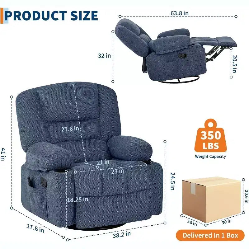 Oversized Swivel Rocker Recliner with Soothing Massage & Lumbar Warmth, Manual Reclining Chair with Cup Holders, Chenille/PU Fabric