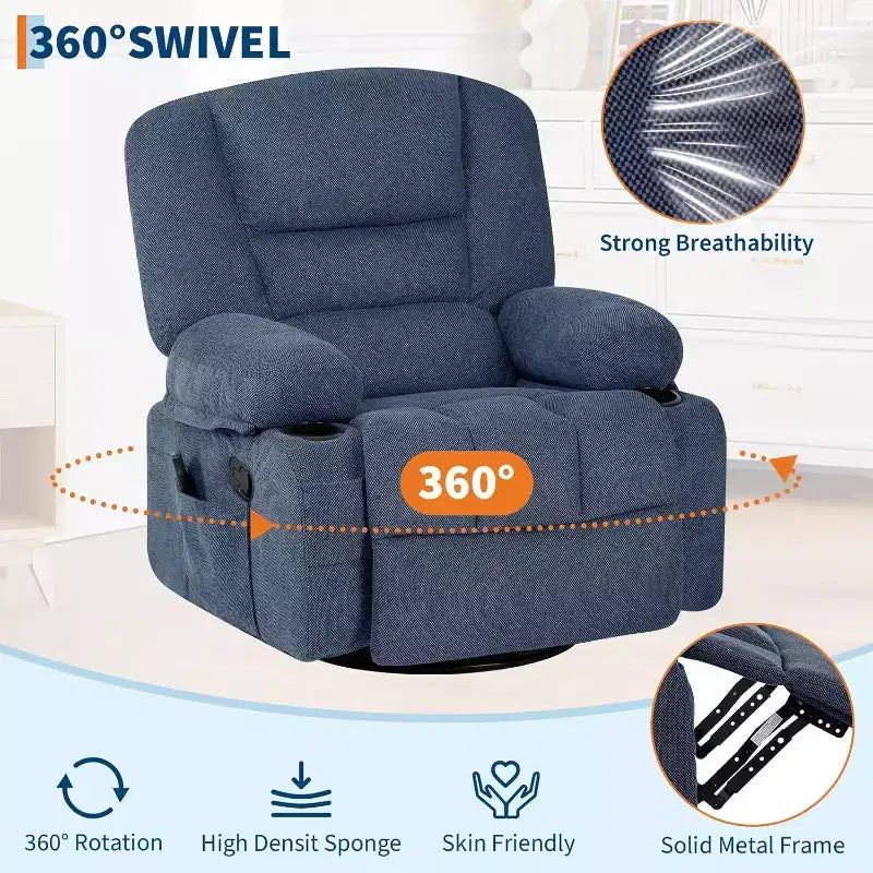 Oversized Swivel Rocker Recliner with Soothing Massage & Lumbar Warmth, Manual Reclining Chair with Cup Holders, Chenille/PU Fabric