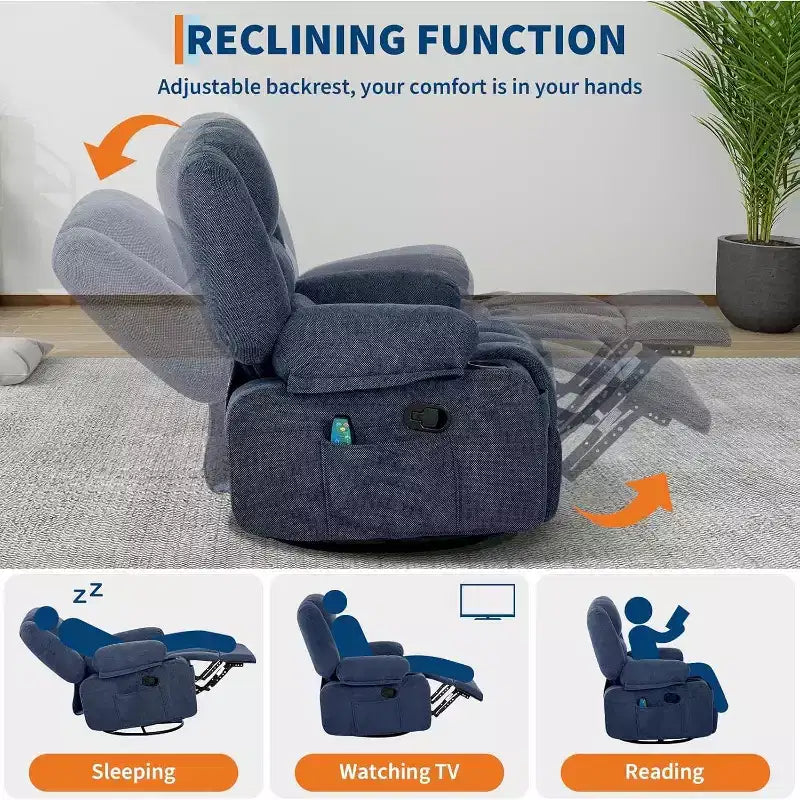 Oversized Swivel Rocker Recliner with Soothing Massage & Lumbar Warmth, Manual Reclining Chair with Cup Holders, Chenille/PU Fabric