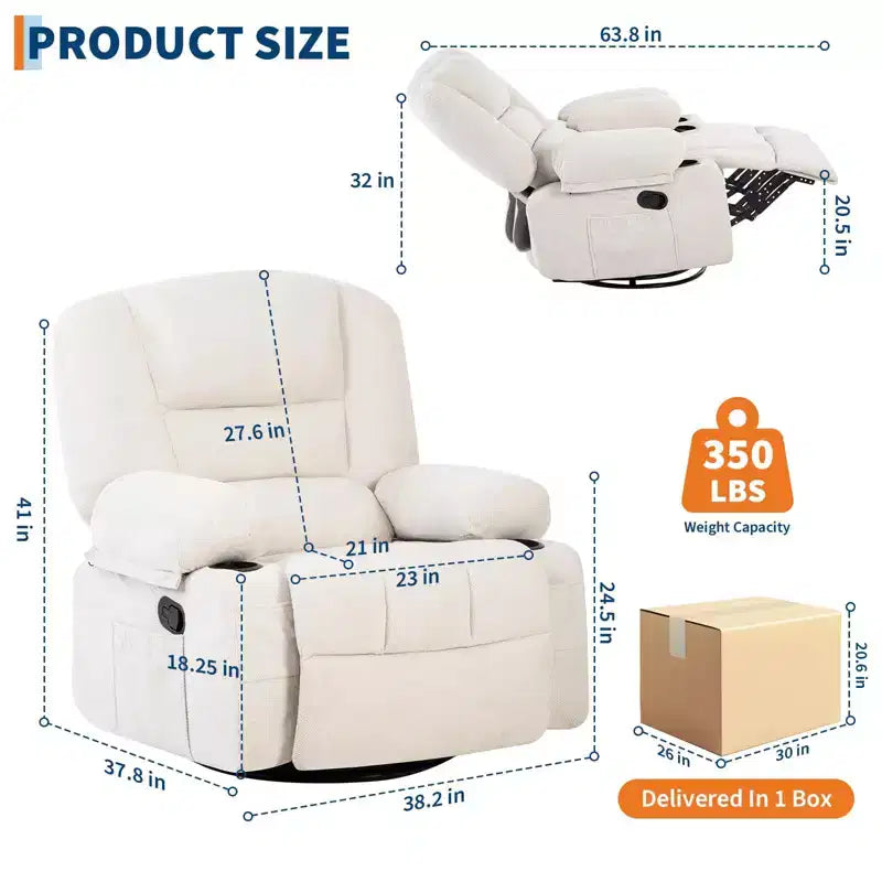Oversized Swivel Rocker Recliner with Soothing Massage & Lumbar Warmth, Manual Reclining Chair with Cup Holders, Chenille/PU Fabric